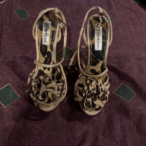 Bebe Leopard Print Heels with Floral Accent